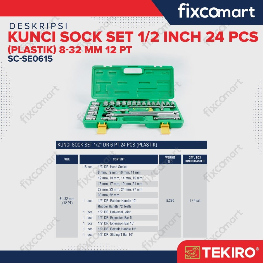 Tekiro Socket Set / Kunci Sock Set 1/2 Inch 24 Pcs MM (Metric) / INCH 6 / 12 PT Box Kaleng / Plastik