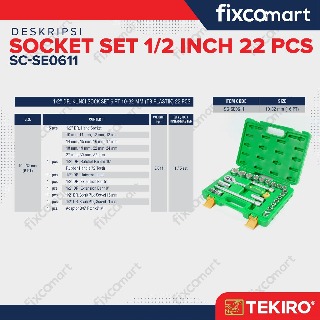 Tekiro Socket Set 1/2 inch 22 Pcs 10-32 mm 6PT Plastik