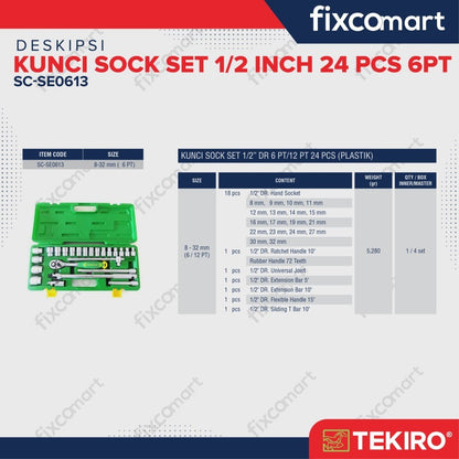 Tekiro Socket Set / Kunci Sock Set 1/2 Inch 24 Pcs MM (Metric) / INCH 6 / 12 PT Box Kaleng / Plastik