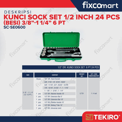 Tekiro Socket Set / Kunci Sock Set 1/2 Inch 24 Pcs MM (Metric) / INCH 6 / 12 PT Box Kaleng / Plastik