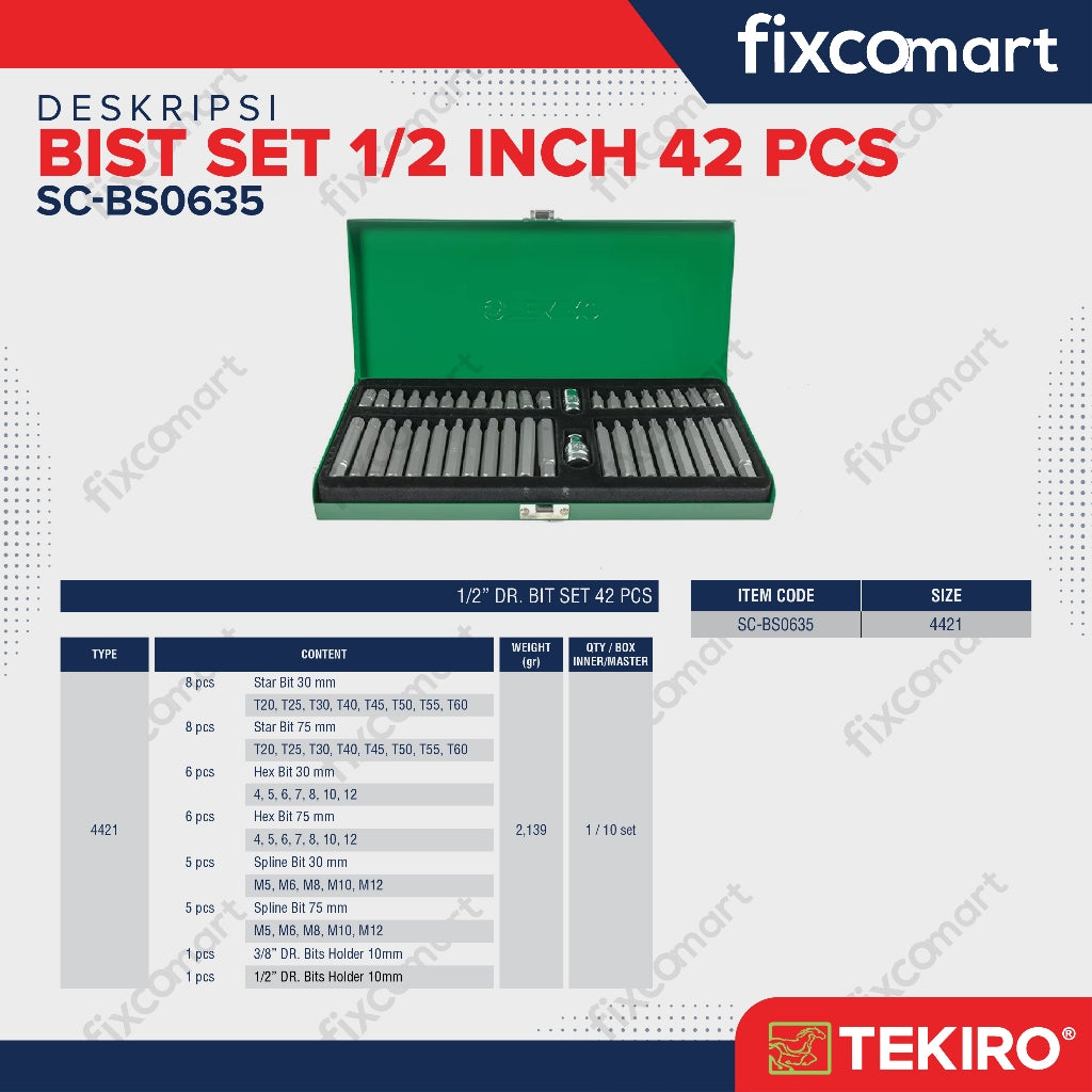 Tekiro Bit Set 42 Pcs / Mata Kunci Sock L Bintang