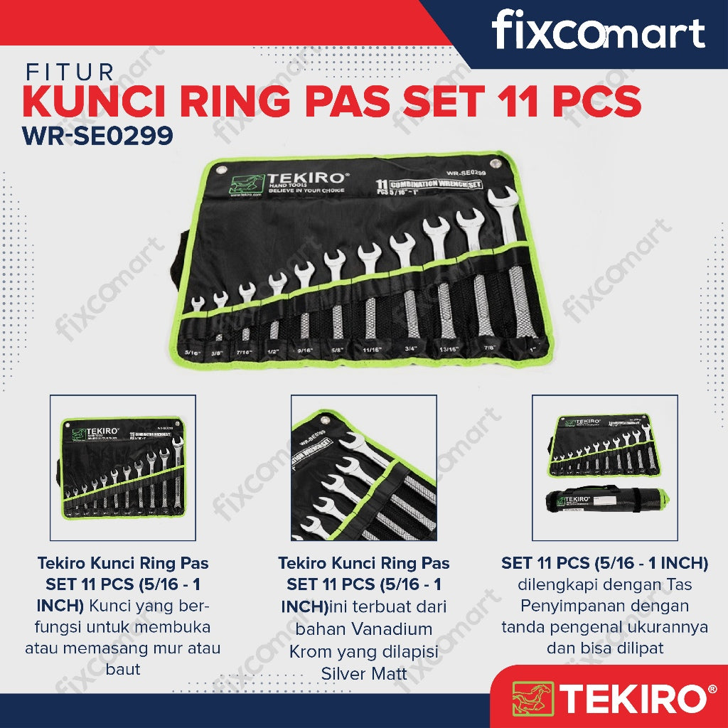 Tekiro Combination Wrench Set / Kunci Ring Pas Set Inch 11 Pcs (5/16" - 1")