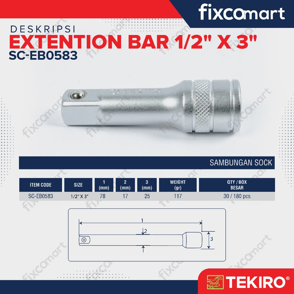 Tekiro Extention Bar 1/2 X 3 Inch / Tekiro Sambungan Mata Sock