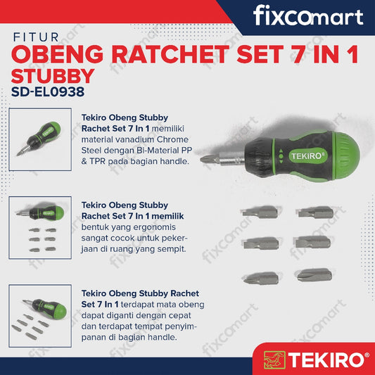 Tekiro Obeng Ratchet Set 7 Pcs Stubby / Tekiro Stubby Ratchet & Bits 7 Pcs / Obeng Cebol
