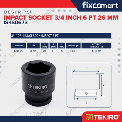 Tekiro Socket Impact 3/4 Inch 26 Mm 6 Pt / Mata Sock Impact