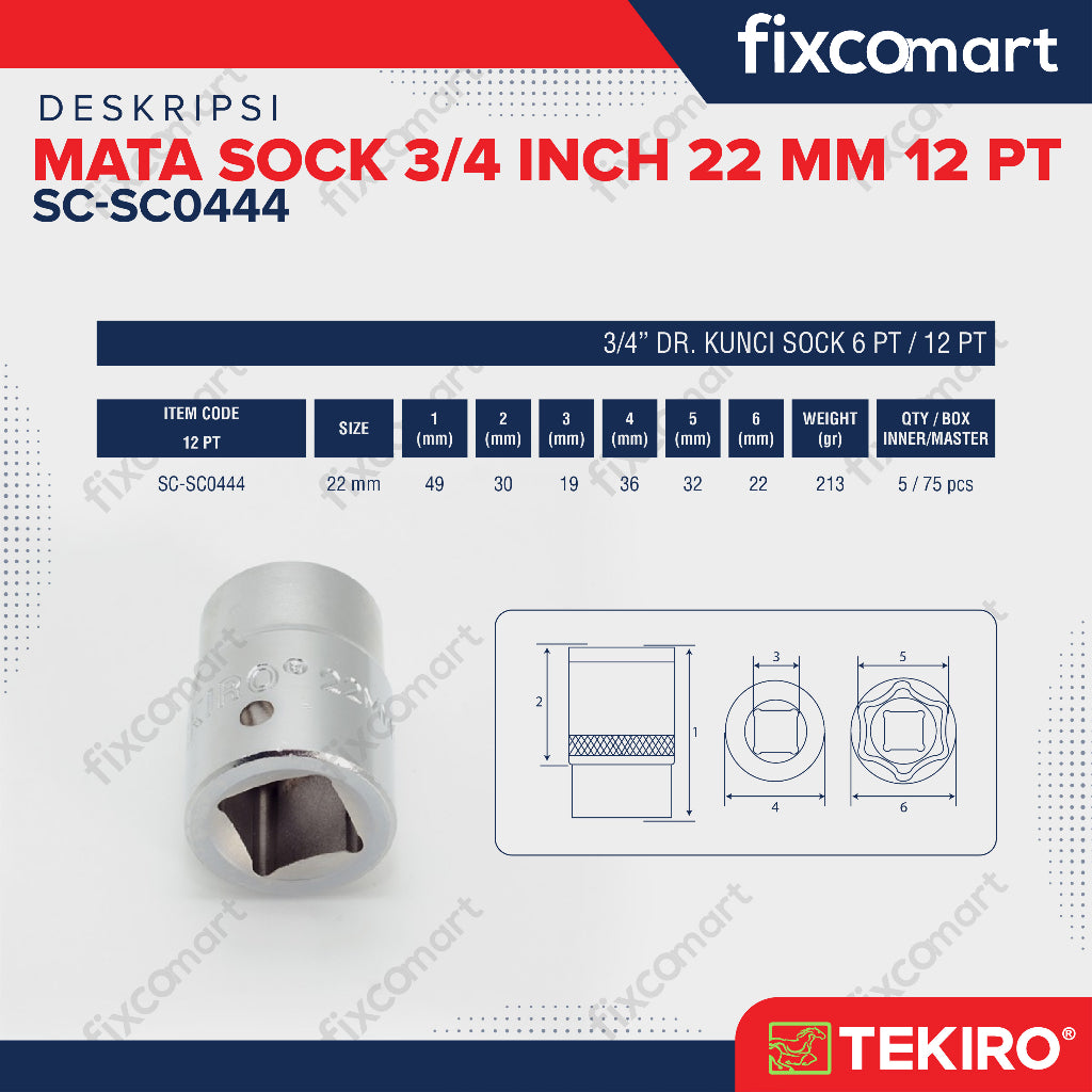 Tekiro Socket 3/4 inch 22 mm 12 PT / Mata Sock 3/4 Inch