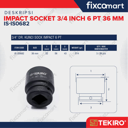 Tekiro Impact Socket 3/4 inch 6 PT 36 mm / mata sock impact