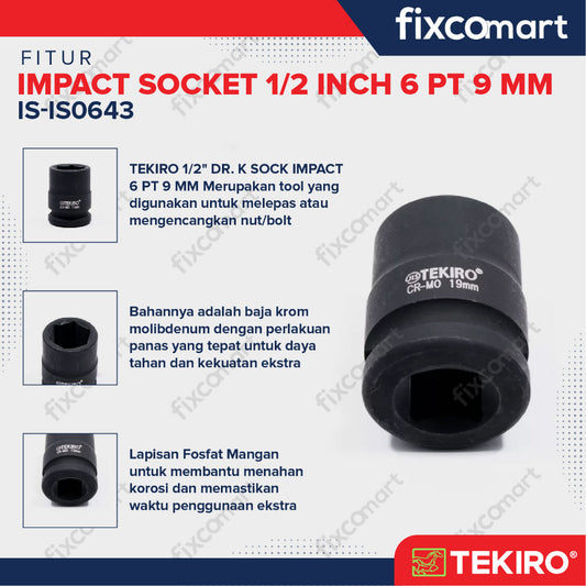 Tekiro Impact Socket 1/2 inch 6 PT 9 mm / mata sock impact