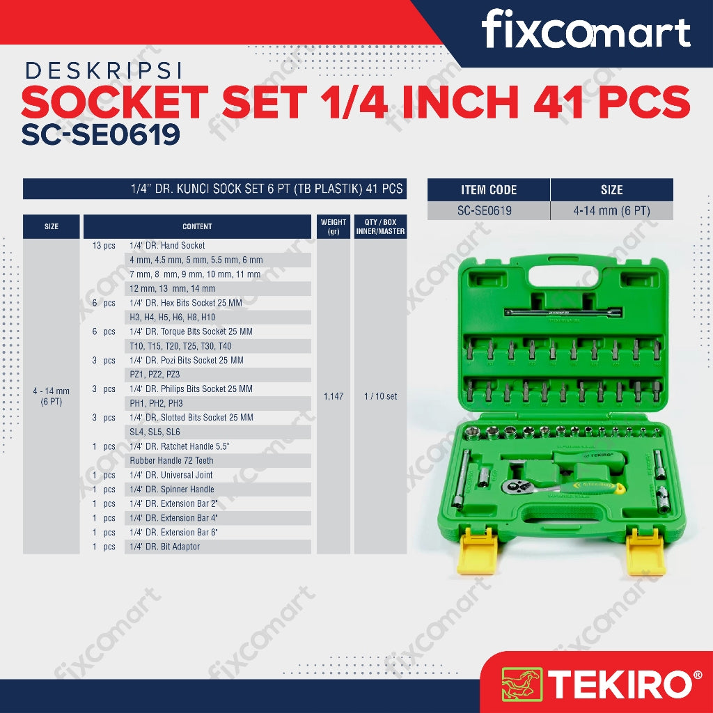 Tekiro Socket Set 1/4 Inch 41 Pcs (4-14 Mm) 6Pt / Tekiro Sock Set 41 Pcs