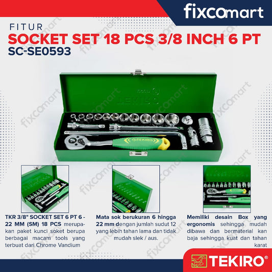 Tekiro Socket Set 18 Pcs 3/8 inch 6-22 mm 6PT / Sock Set