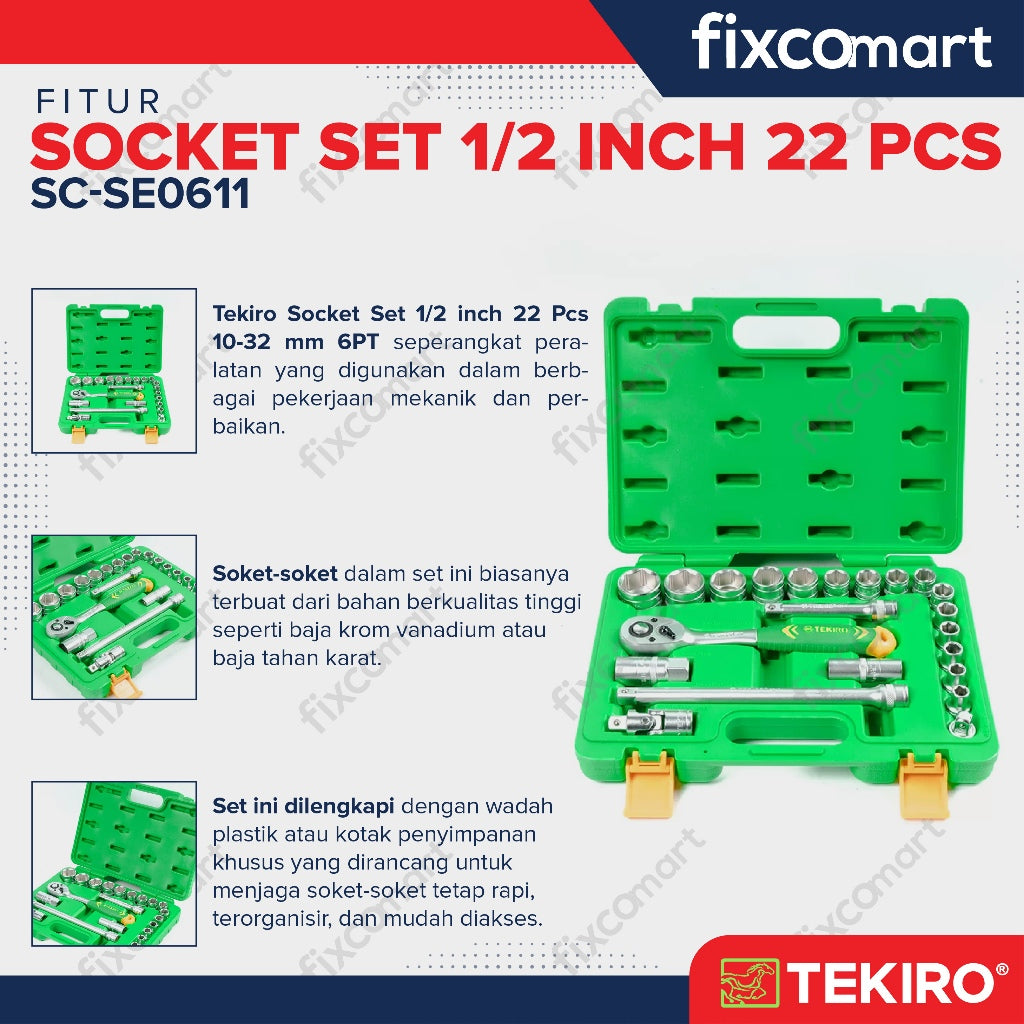 Tekiro Socket Set 1/2 inch 22 Pcs 10-32 mm 6PT Plastik
