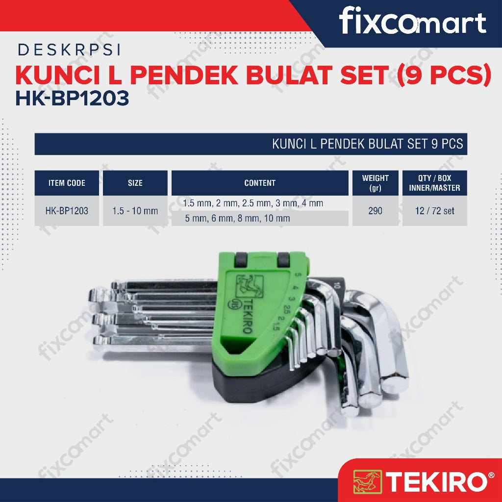 Tekiro Kunci L Set Ballpoint Pendek 9 Pcs /  Kunci L Ballpoint