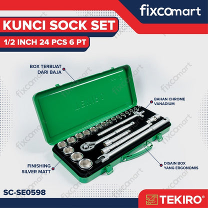 Tekiro Socket Set / Kunci Sock Set 1/2 Inch 24 Pcs MM (Metric) / INCH 6 / 12 PT Box Kaleng / Plastik