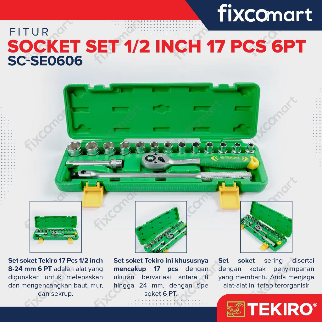 Tekiro Socket Set 1/2 inch 17 Pcs 8-24 mm 6PT Box Plastik