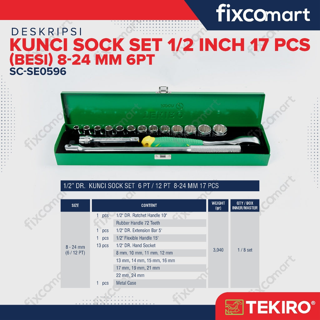 TEKIRO Kunci Socket Set 1/2" inch 6 PT /12 PT 8 ~ 24 mm + Gagang Sock