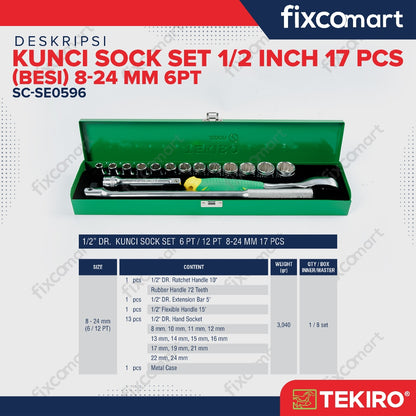 TEKIRO Kunci Socket Set 1/2" inch 6 PT /12 PT 8 ~ 24 mm + Gagang Sock