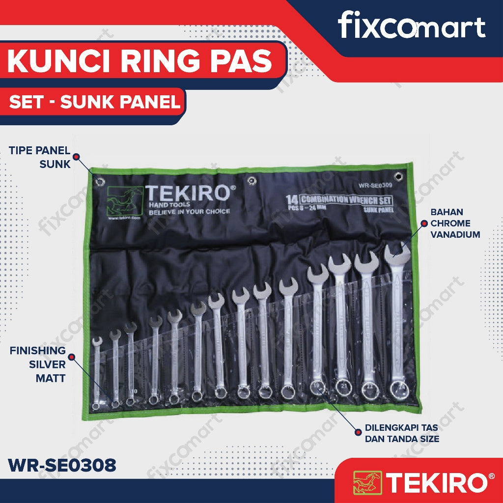 Tekiro Combination Wrench Set / Kunci Ring Pas Set 11 Pcs (8-24 Mm) Sunk Panel