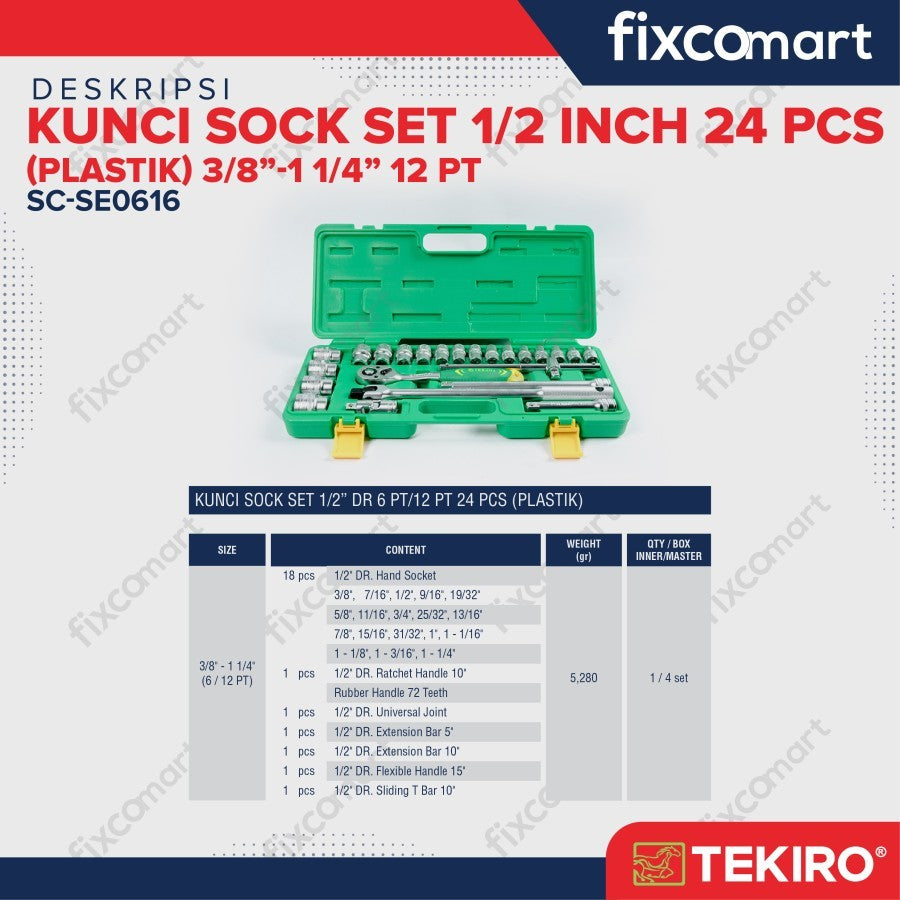Tekiro Socket Set / Kunci Sock Set 1/2 Inch 24 Pcs MM (Metric) / INCH 6 / 12 PT Box Kaleng / Plastik