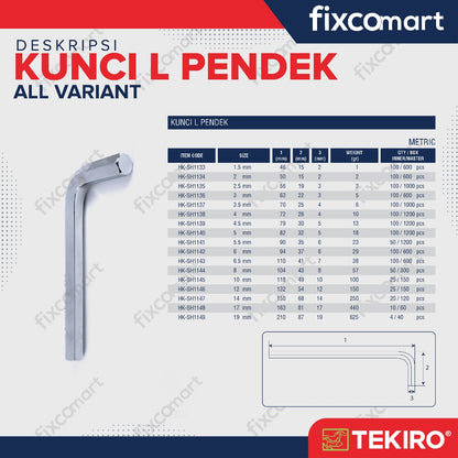 Tekiro Hex Key Short / Kunci L Pendek MM - 10 - 19 - Satuan