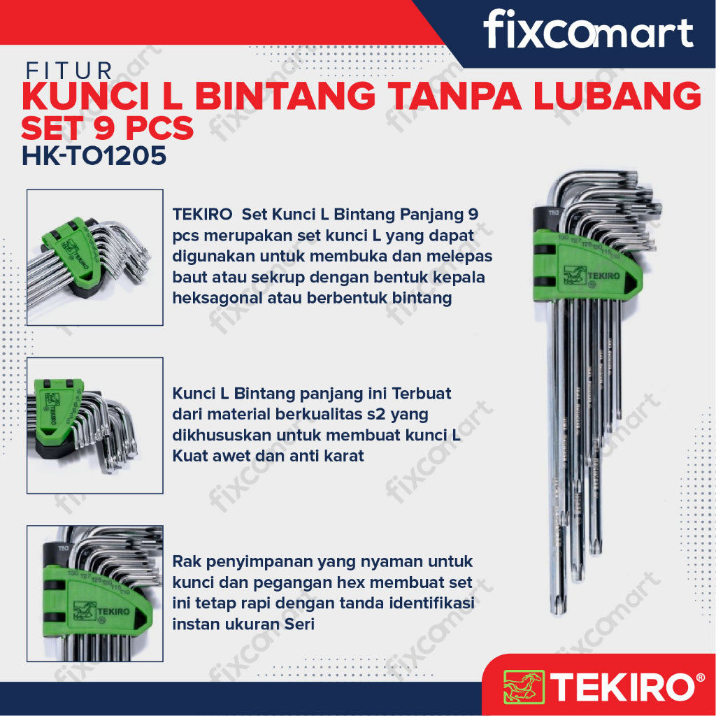 Tekiro Kunci L Set Torx 9 Pcs / Kunci L Bintang Set Tanpa Lubang