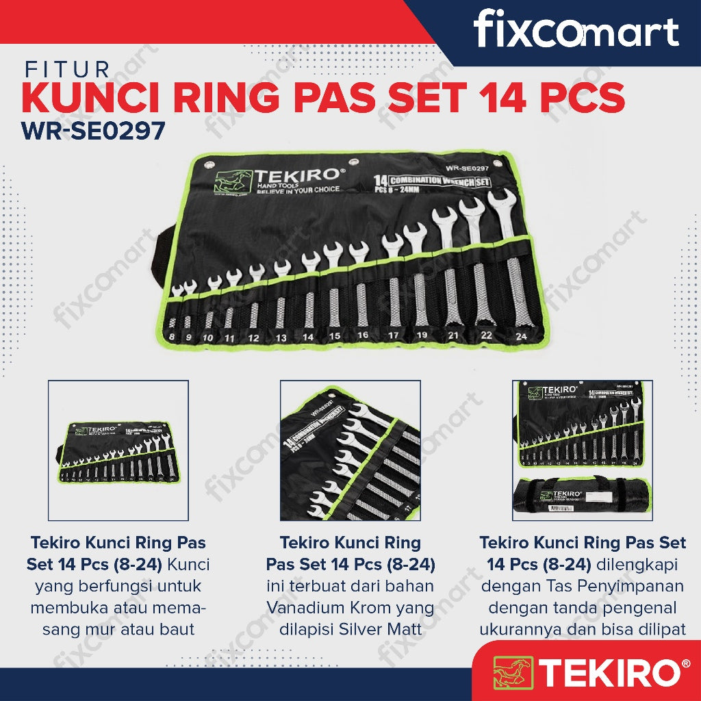 Tekiro Combination Wrench Set / Kunci Ring Pas Set 14 Pcs (8-24 Mm)