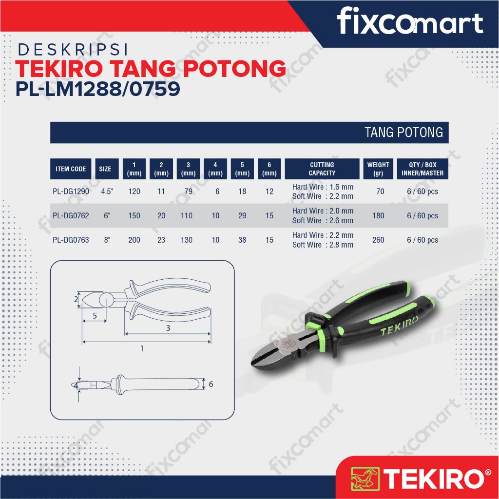 TEKIRO TANG KOMBINASI / LANCIP / POTONG LINESMAN / LONG NOSE /  DIAGONAL PLIERS 6 - 7 INCH