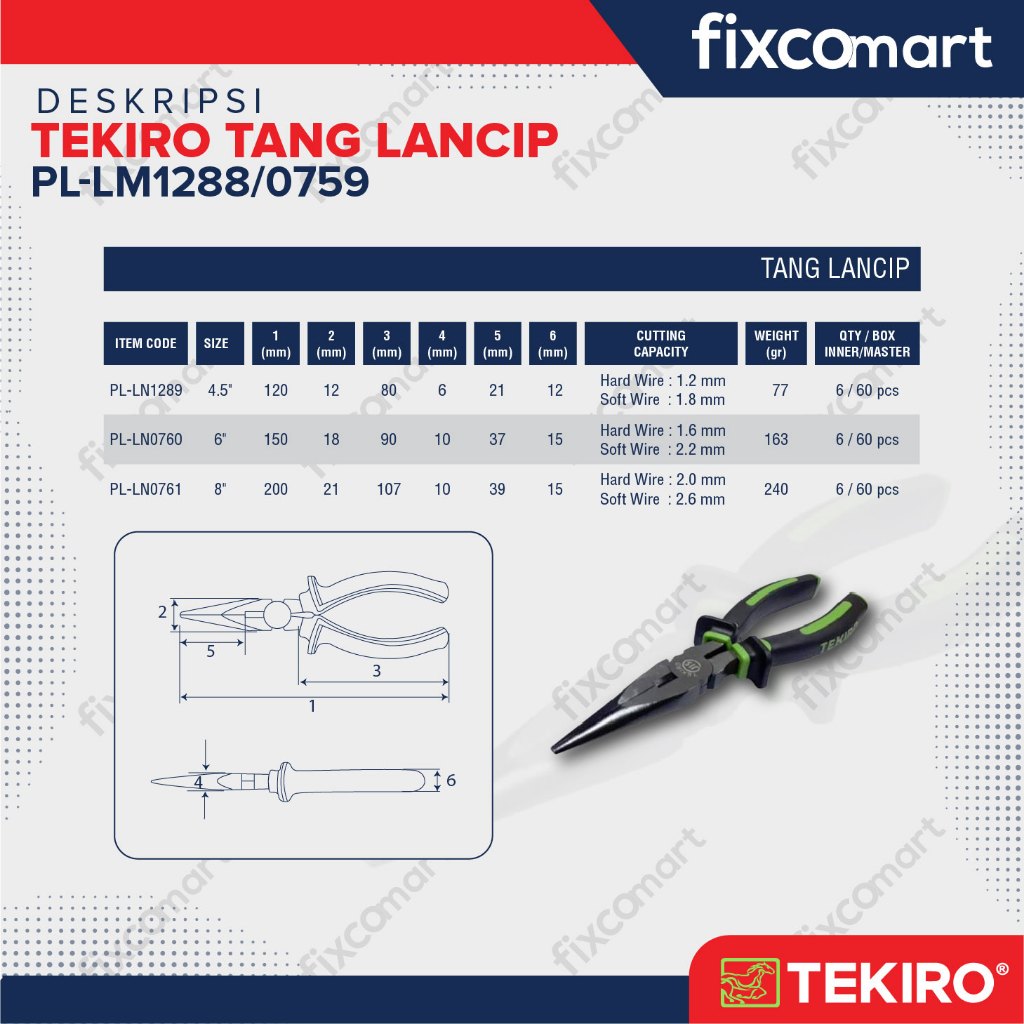 TEKIRO TANG KOMBINASI / LANCIP / POTONG LINESMAN / LONG NOSE /  DIAGONAL PLIERS 6 - 7 INCH