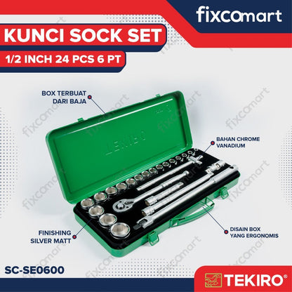 Tekiro Socket Set / Kunci Sock Set 1/2 Inch 24 Pcs MM (Metric) / INCH 6 / 12 PT Box Kaleng / Plastik