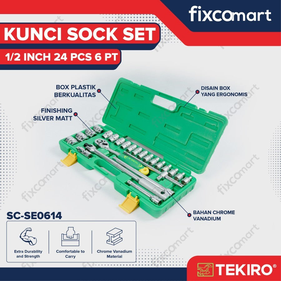 Tekiro Socket Set / Kunci Sock Set 1/2 Inch 24 Pcs MM (Metric) / INCH 6 / 12 PT Box Kaleng / Plastik