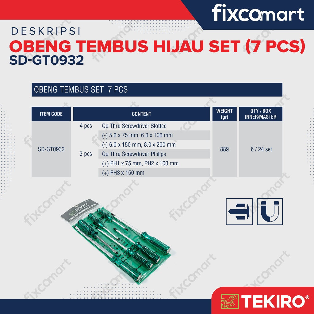 Tekiro Obeng Set 7 Pcs Tembus Hijau / Tekiro Obeng Go Thru