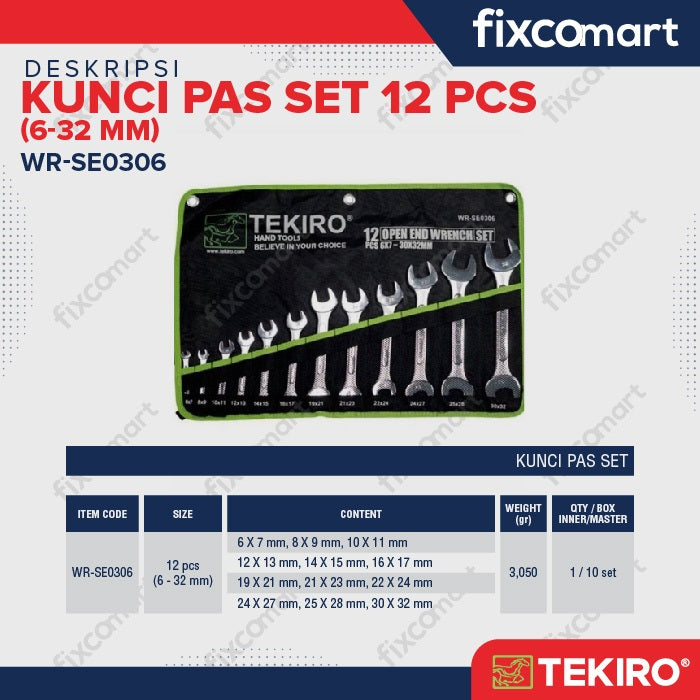 TEKIRO Open End Wrench / Kunci Pas Set 12 Pcs 6-32 mm