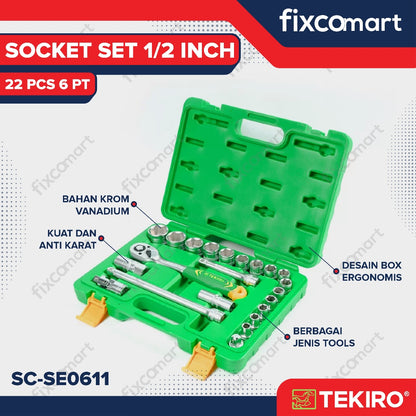 Tekiro Socket Set 1/2 inch 22 Pcs 10-32 mm 6PT Plastik