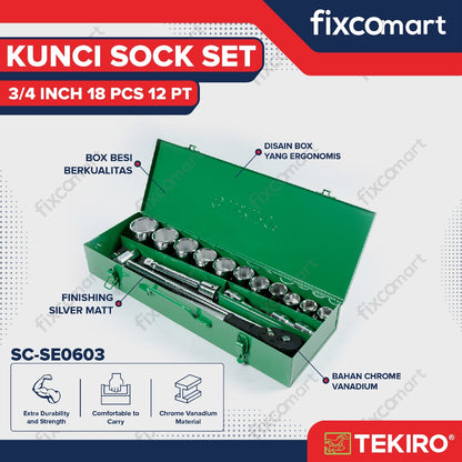 Tekiro Socket Set 3/4 Inch 18 Pcs (19-50 Mm) 12Pt / Tekiro Kunci Sock Set