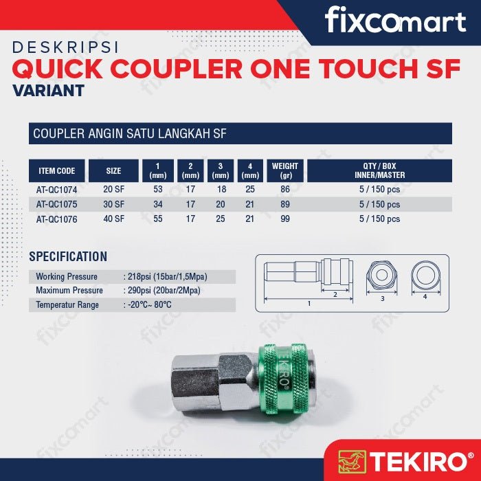 Tekiro Quick Coupler One Touch 20 / 30 / 40 SF / SH / SM / SP Sambungan Selang Kompresor