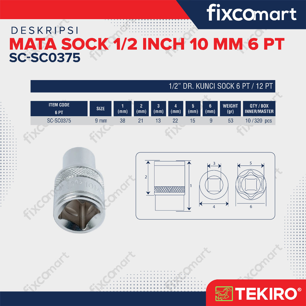 Tekiro Mata Sock 1/2 Inch 9 mm 6PT
