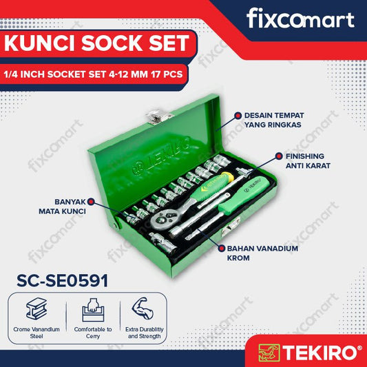 Tekiro Socket Set 1/4 Inch 17 Pcs 6Pt (4-12 Mm) Box Kaleng / Tekiro Kunci Sock Set