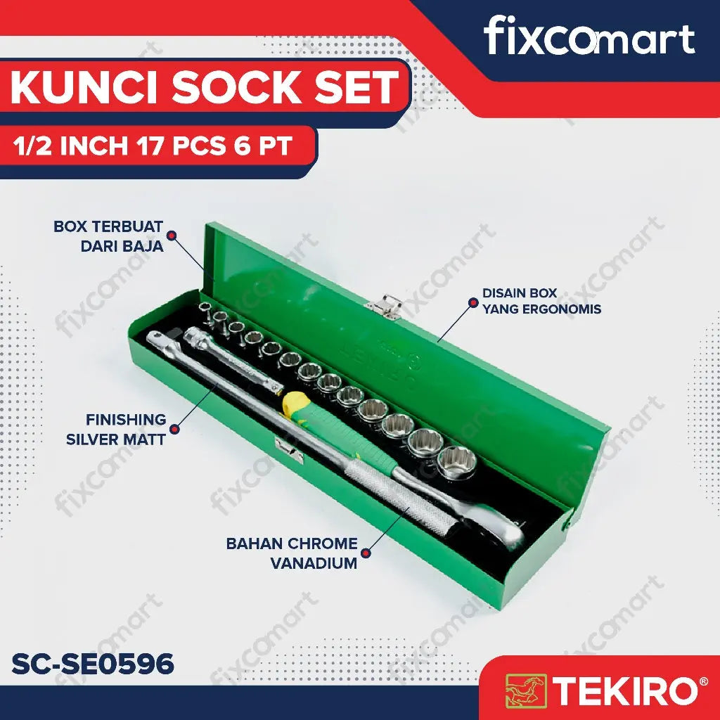 TEKIRO Kunci Socket Set 1/2" inch 6 PT /12 PT 8 ~ 24 mm + Gagang Sock FIXCOMART