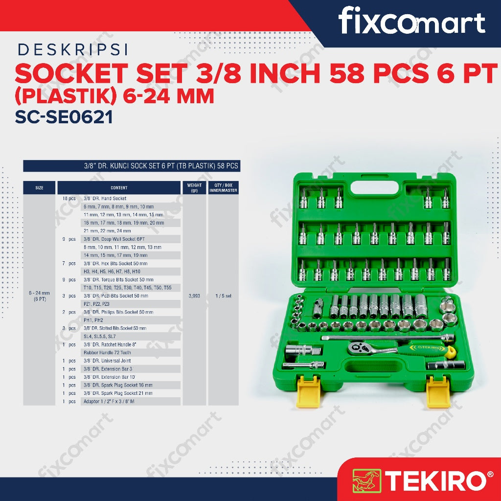 Tekiro Socket Set 3/8 Inch 58 Pcs (6-24 Mm) 6Pt / Tekiro Sock Set 58 Pcs