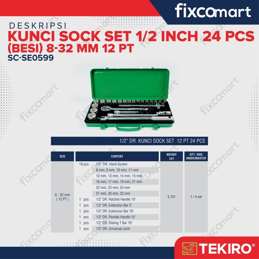Tekiro Socket Set / Kunci Sock Set 1/2 Inch 24 Pcs MM (Metric) / INCH 6 / 12 PT Box Kaleng / Plastik