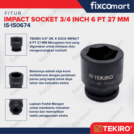 Tekiro Impact Socket 3/4 inch 6 PT 27 mm / mata sock impact