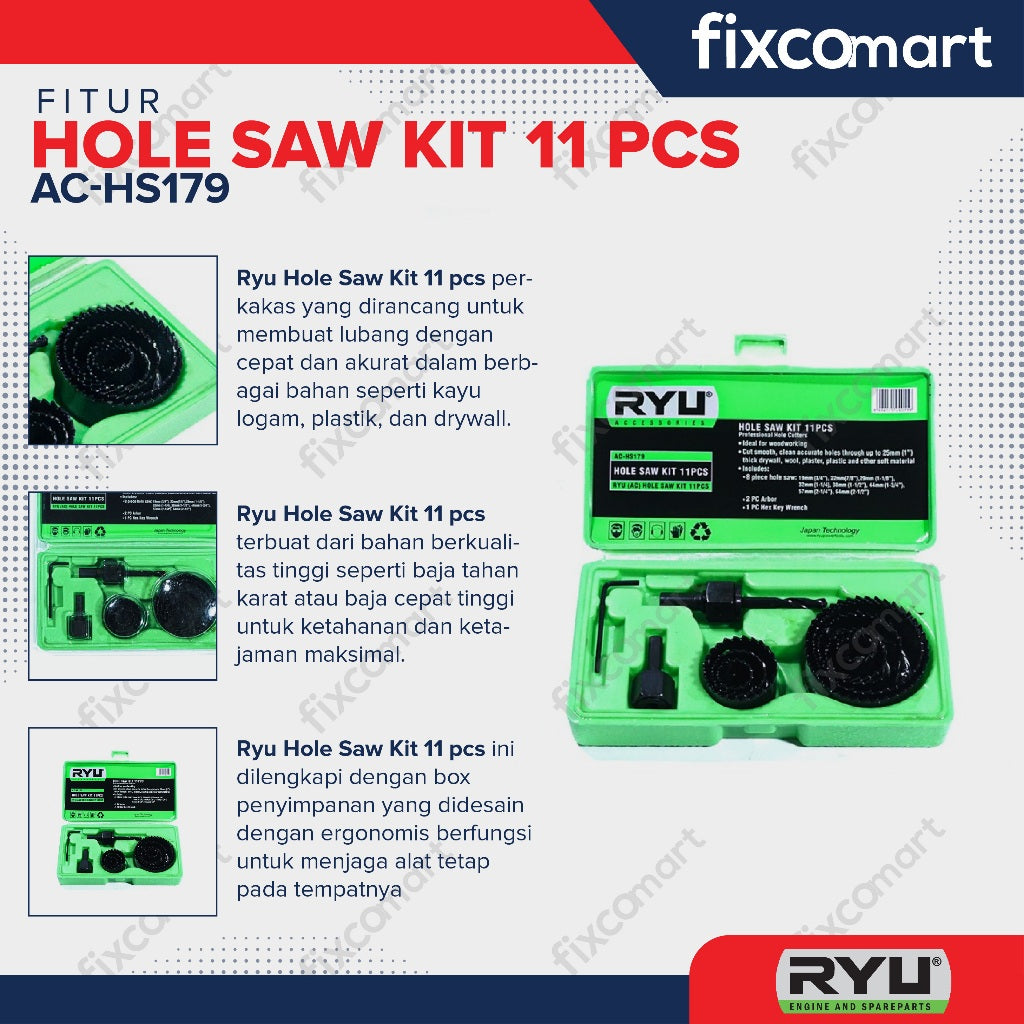 RYU HOLE SAW KIT 11 PCS / HOLE SAW KAYU