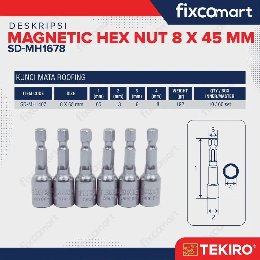 Tekiro Magnetic Hex Nut 8 X 45 mm / Kunci Baut Roofing FIXCOMART