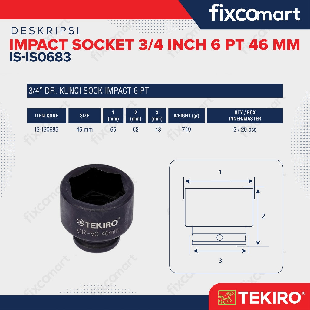 Tekiro Impact Socket 3/4 inch 6 PT 46 mm / mata sock impact