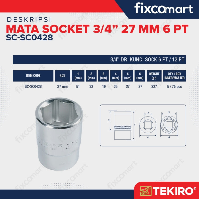 Tekiro Mata Socket / sock / sok 3/4 inch 27mm 6pt / 27 mm 6 pt