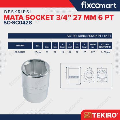 Tekiro Mata Socket / sock / sok 3/4 inch 27mm 6pt / 27 mm 6 pt
