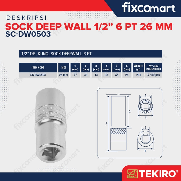 Tekiro Mata Sock Deep Wall 1/2 Inch 6PT 26 mm