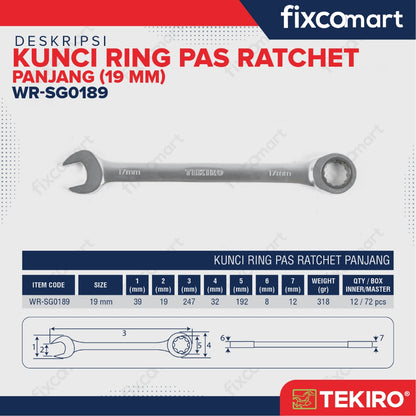 Kunci Ringpas Ratchet Panjang 19 mm / Single Gear Wrench