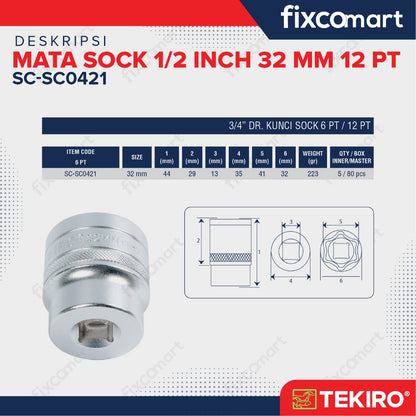 Tekiro Socket 1/2 inch 32 mm 12 PT