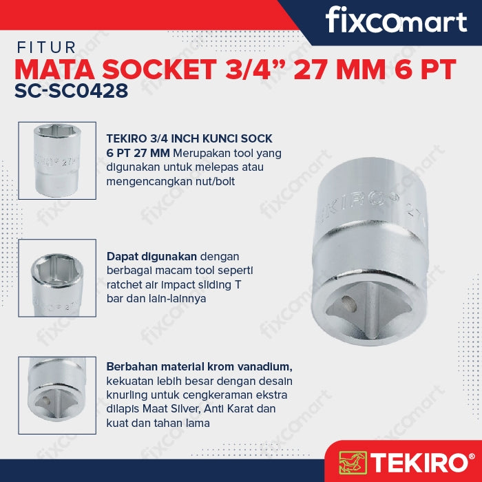 Tekiro Mata Socket / sock / sok 3/4 inch 27mm 6pt / 27 mm 6 pt