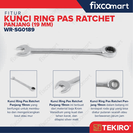 Kunci Ringpas Ratchet Panjang 19 mm / Single Gear Wrench